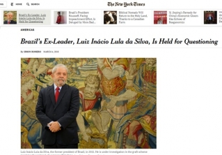 O cumprimento de mandado de condução coercitiva de Lula na Lava Jato é destaque no New York Times (Foto: Reprodução/NYT) O cumprimento de mandado de condução coercitiva de Lula na Lava Jato é destaque no New York Times (Foto: Reprodução/NYT)
