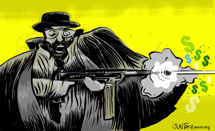 O político e dono de jornal Tenório Cavalcanti, 'mito' da violência em Duque de Caxias, com a metralhadora 'Lurdinha', em charge de Junião