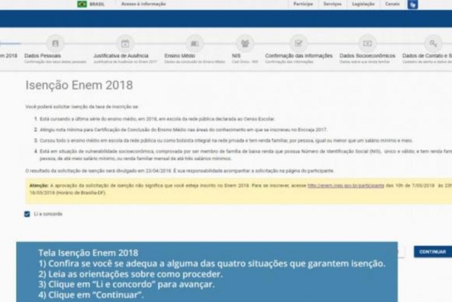 Tela IsenÃ§Ã£o Enem (Foto: DivulgaÃ§Ã£o/Inep)