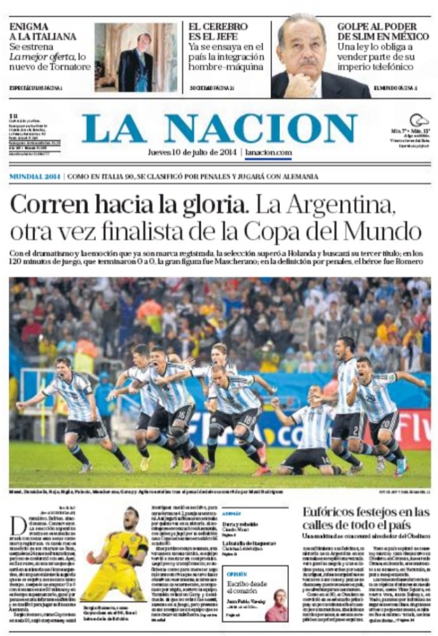 Capa do "La NaciÃ³n" destaca dramÃ¡tica decisÃ£o por pÃªnaltis e atuaÃ§Ã£o heroica de Sergio Romero (Foto: ReproduÃ§Ã£o)