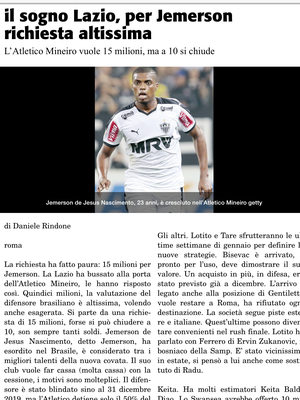 Jemerson é sonho da Lazio, diz "Corriere dello Sport" (Foto: Reprodução/Corriere dello Sport) Jemerson é sonho da Lazio, diz "Corriere dello Sport" (Foto: Reprodução/Corriere dello Sport)
