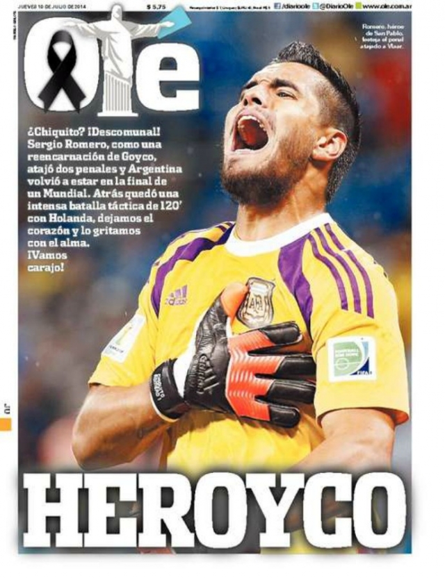 Capa do "OlÃ©" classifica atuaÃ§Ã£o de Sergio Romero nos pÃªnaltis contra a Holanda como heroica (Foto: ReproduÃ§Ã£o)