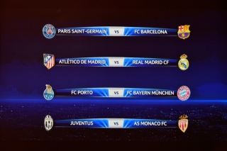 Telão do sorteio mostra os confrontos das quartas de final da Liga dos Campeões de 2014/15 (Foto: AFP) Telão do sorteio mostra os confrontos das quartas de final da Liga dos Campeões de 2014/15 (Foto: AFP)