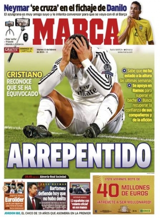 Jornal "Marca" afirma que Cristiano Ronaldo está arrependido por ter dado festa após derrota para o Atlético de Madri (Foto: Reprodução) Jornal "Marca" afirma que Cristiano Ronaldo está arrependido por ter dado festa após derrota para o Atlético de Madri (Foto: Reprodução)