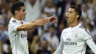 Cristiano Ronaldo festeja com James RodrÃguez o gol que marcou contra o Atlético de Madri (Foto: JAVIER SORIANO / AFP) Cristiano Ronaldo festeja com James RodrÃguez o gol que marcou contra o Atlético de Madri (Foto: JAVIER SORIANO / AFP)