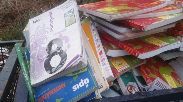 Livros didáticos foram jogados no lixo. (Foto: whatsapp) Livros didáticos foram jogados no lixo. (Foto: whatsapp)
