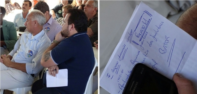 Rodrigo Flausino, foi flagrado com um papel na mão onde orientava seu candidato a bater em um de seus adversários, que foi identificado pela sigla RM (Foto: WhatsApp) Rodrigo Flausino, foi flagrado com um papel na mão onde orientava seu candidato a bater em um de seus adversários, que foi identificado pela sigla RM (Foto: WhatsApp)